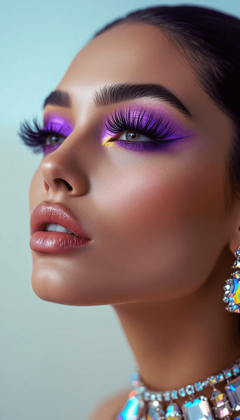 AI generated: a side profile angle photo of a model with thick super long dramatic eyelashes, neon purple eye make...