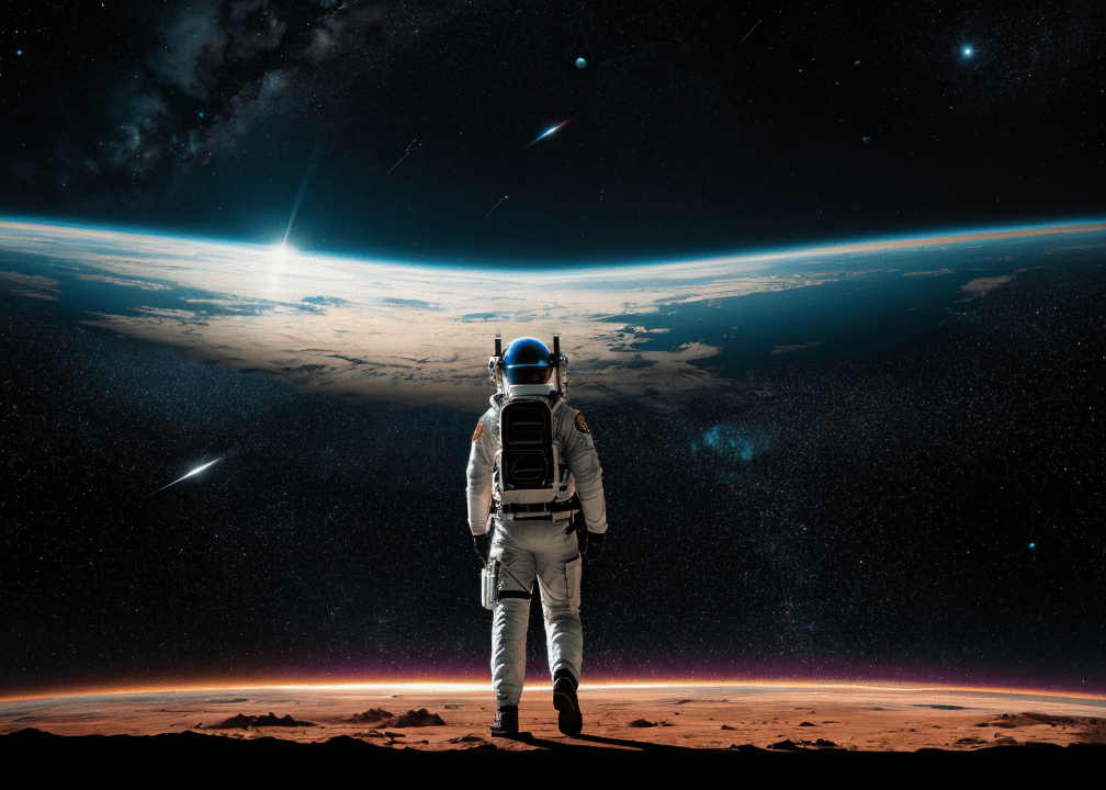 AI generated: Realistic photo of an astronaut wearing a helmet, Walking on 'magical colorful neon (soil:1.1)' surr...