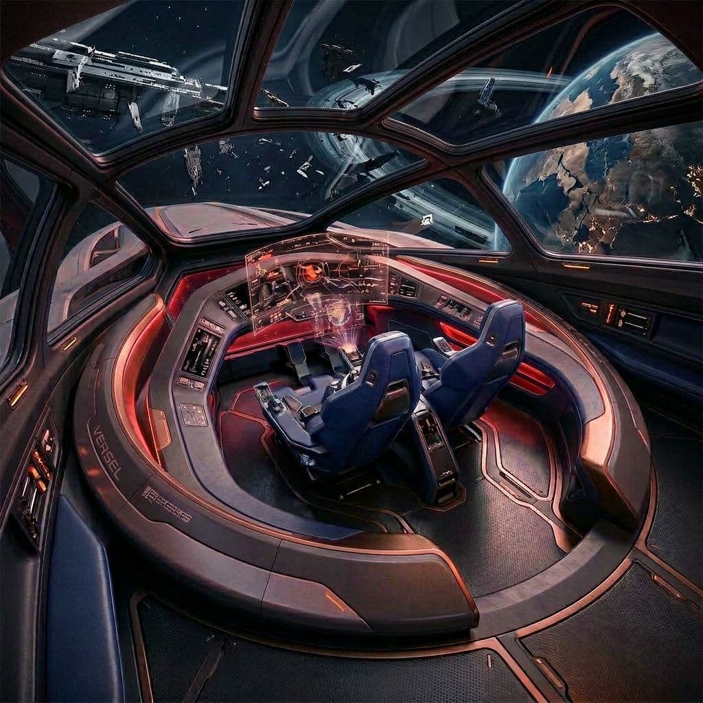 AI generated: Use the Reference Images to imagine, in detail, a Spacecraft 'C-shaped' Bridge design. Show Change i...