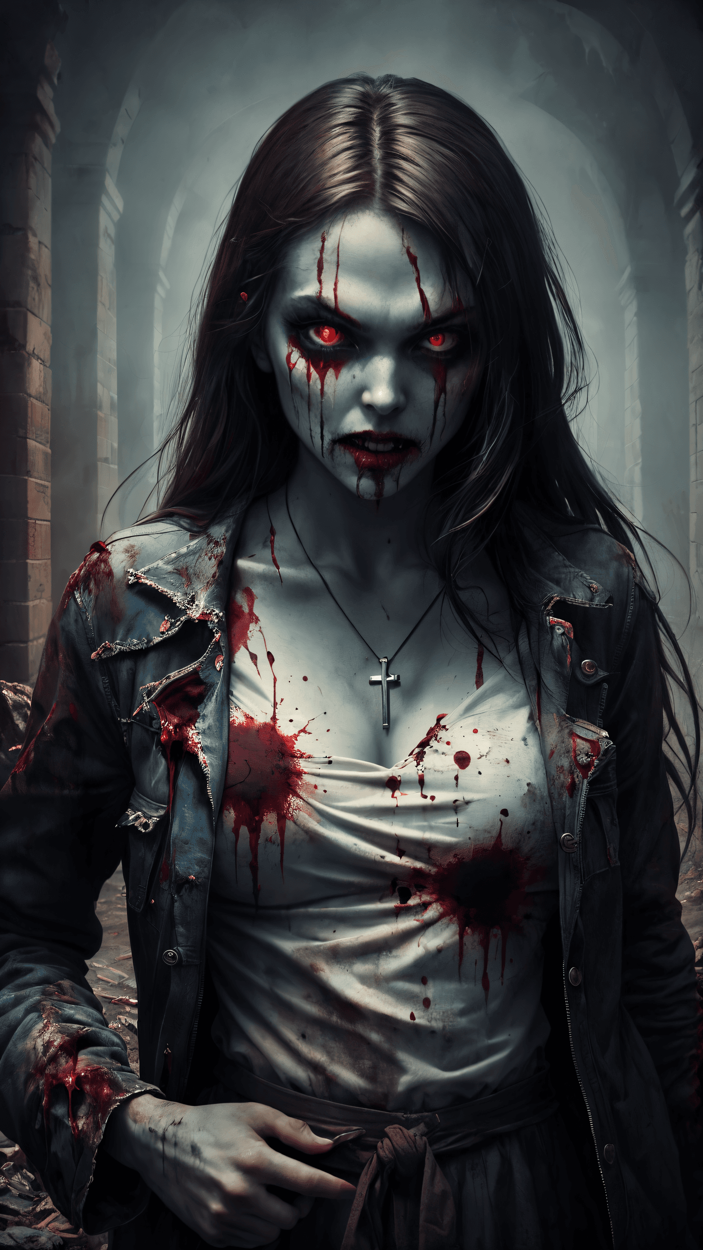 AI generated: (masterpiece award winning , best quality:1.2) , Christian Zombie Vampire, detailed face , red eyes,...