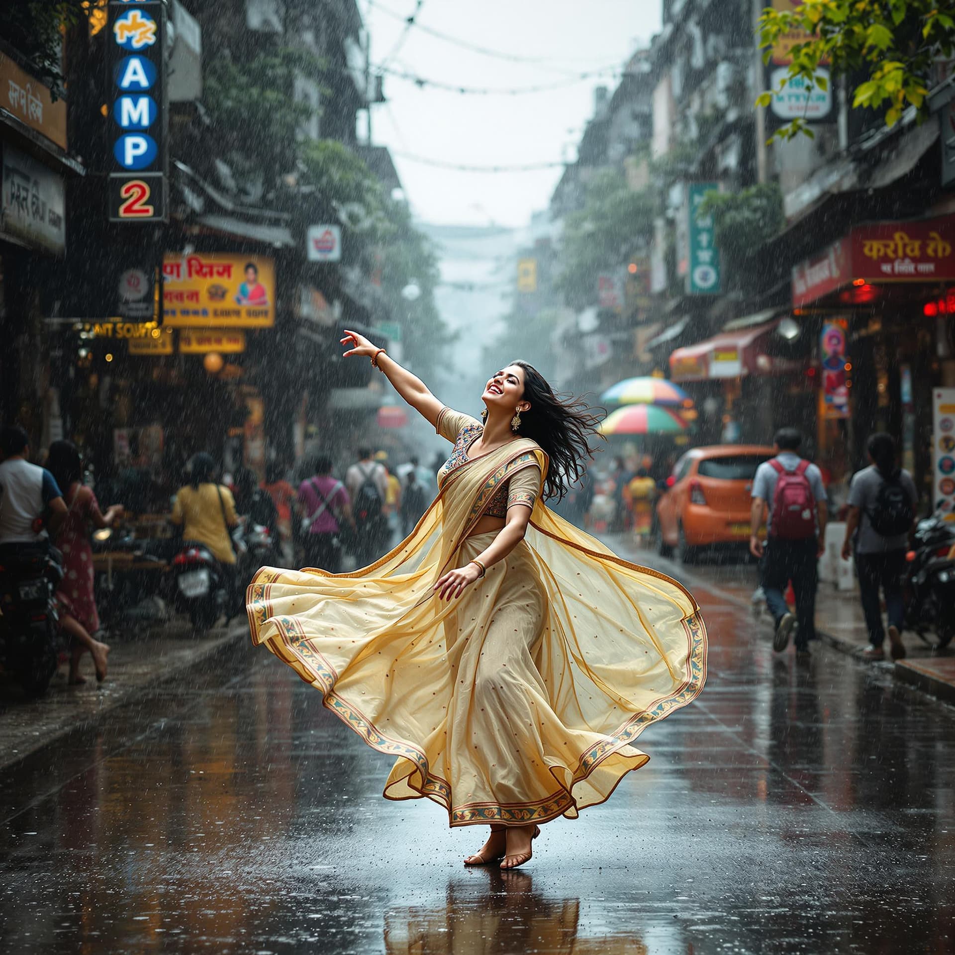 AI generated: An image depicting the metaphor of life as Indian girl dancing in the rain. Show a joyful and confid...