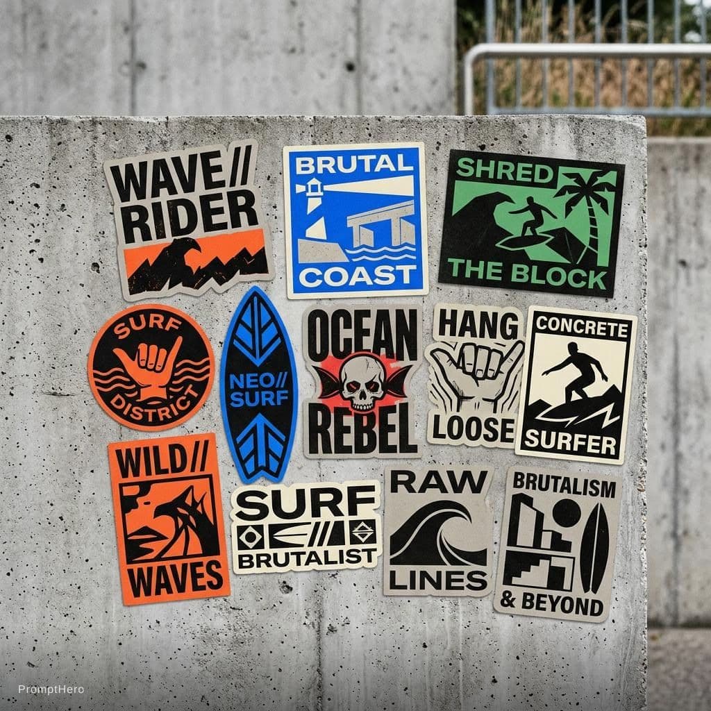 AI generated: Neo brutalist surf-themed sticker pack for in a neo-brutalis