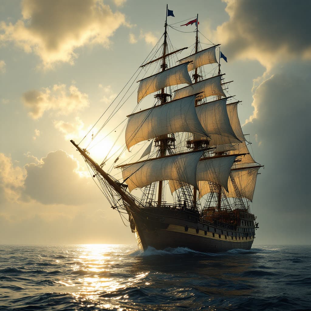 AI generated: Photo of a ultra realistic sailing ship, dramatic light, pale sunrise, cinematic lighting, battered,...