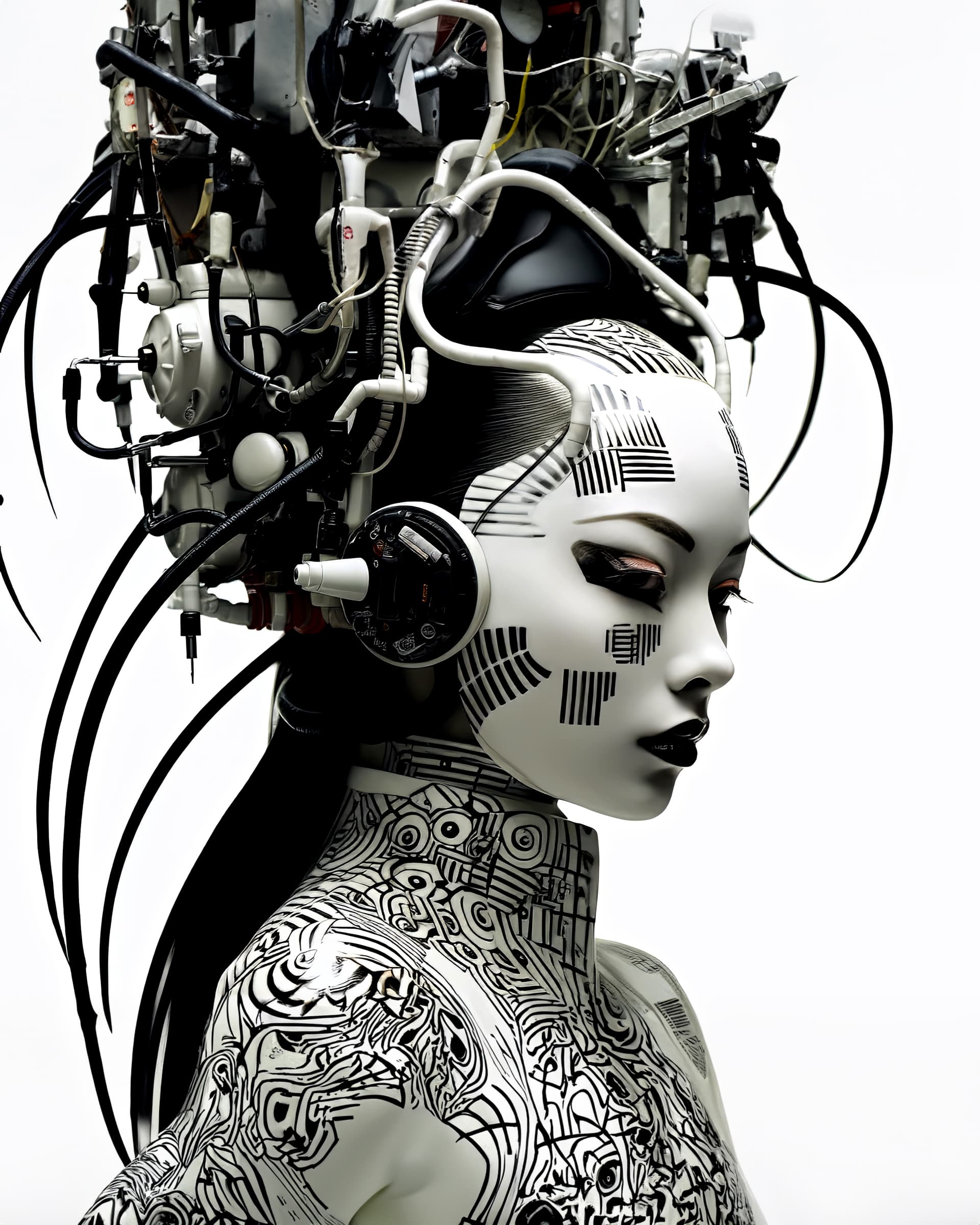 AI generated: a woman wearing a white and black costume with black wires in the face, in the style of mechanized a...
