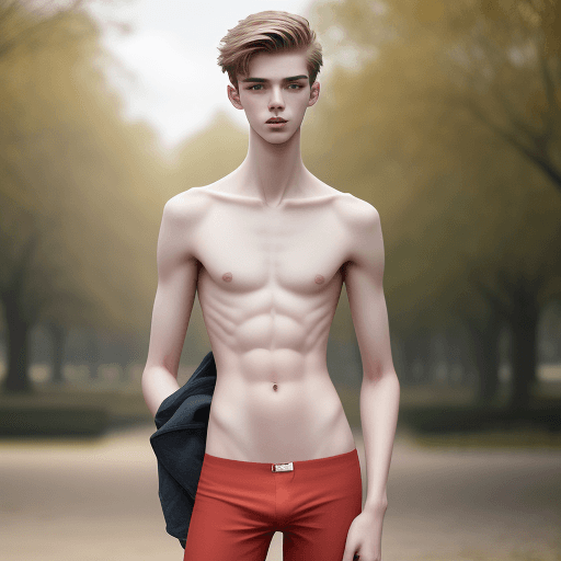 AI generated: 18-year-old male model, Caucasian, slim, small waist, pale, naked, in a park