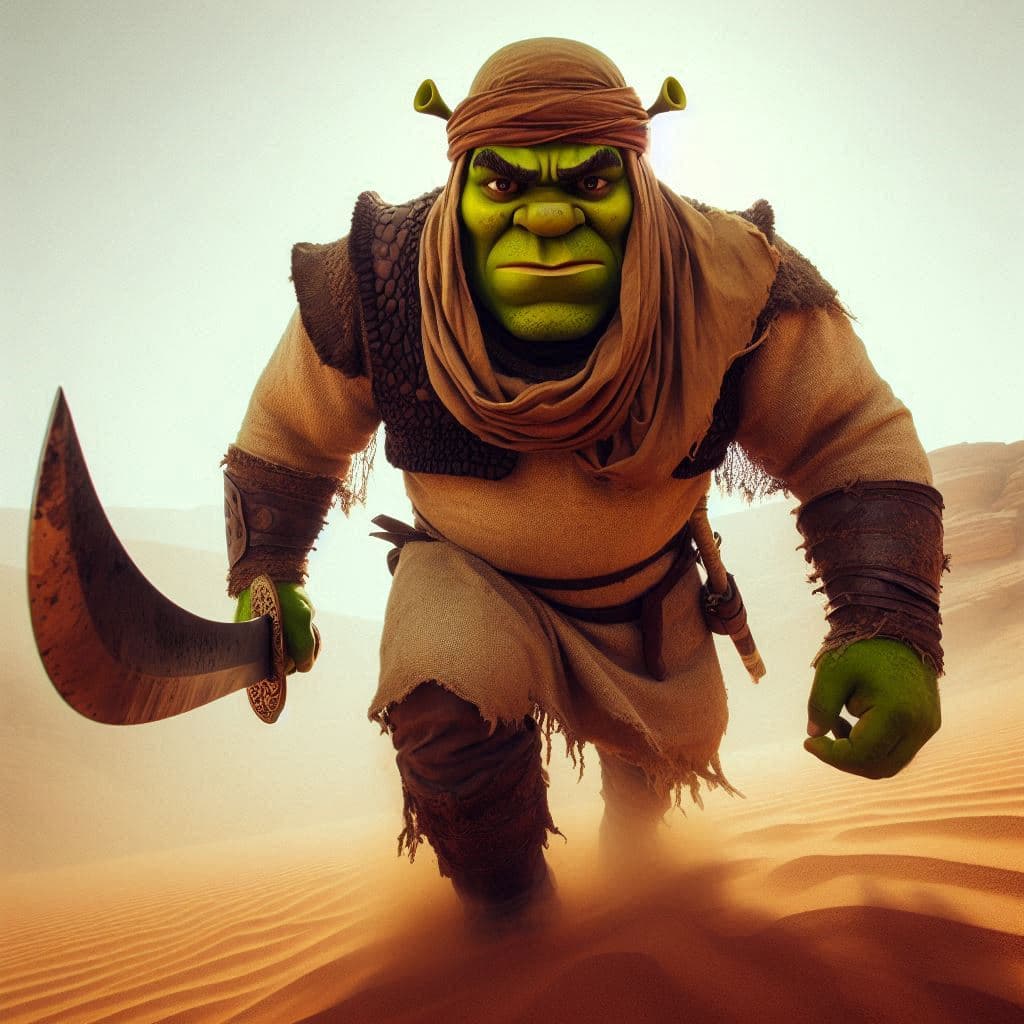 AI generated: vista de cuerpo completo de lado inclinado desde abajo: Shrek el ogro verde de dreamworks con un puñ...
