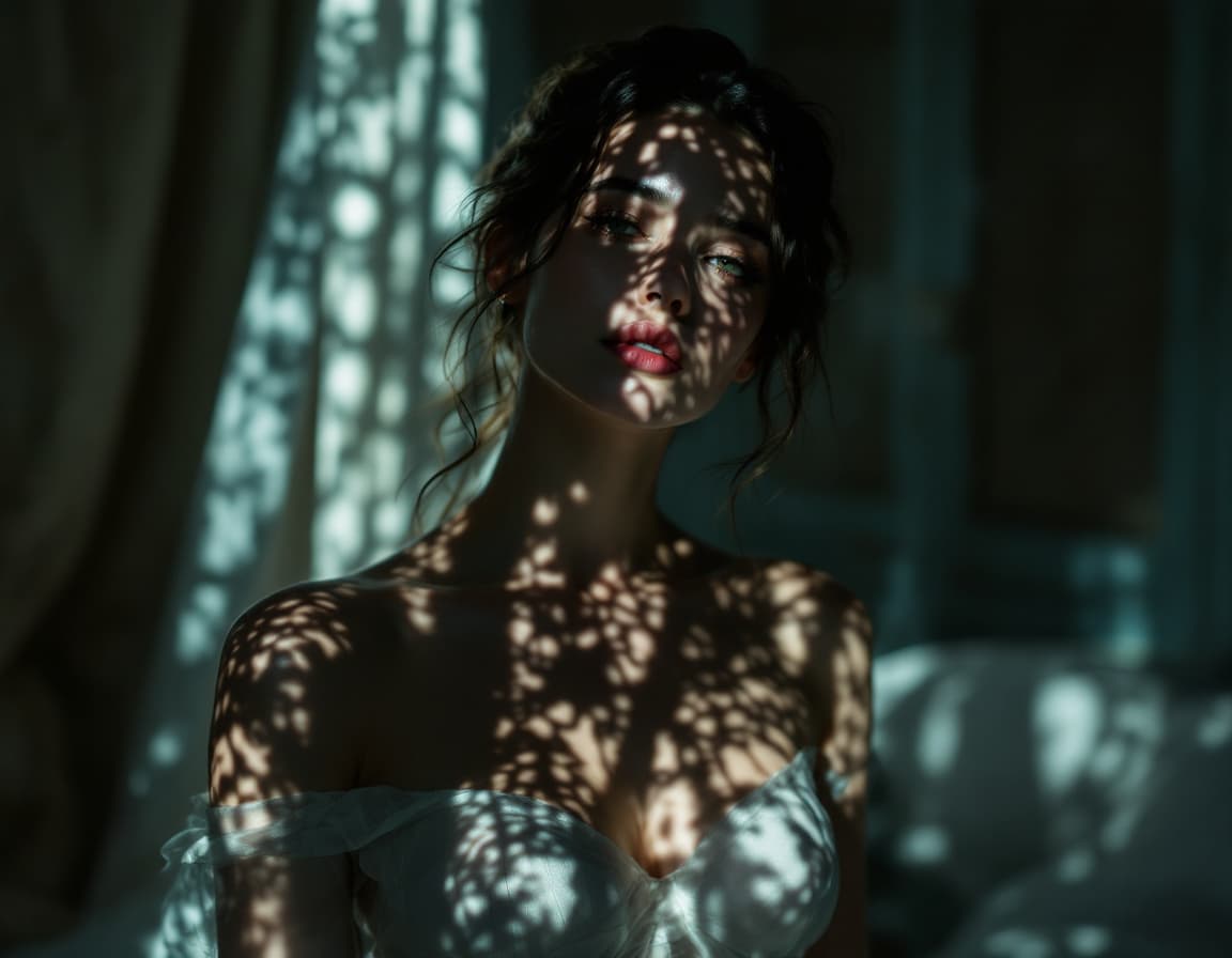 AI generated: An ethereal woman bathed in complex light and shadow, standing gracefully in a dimly lit room. The l...