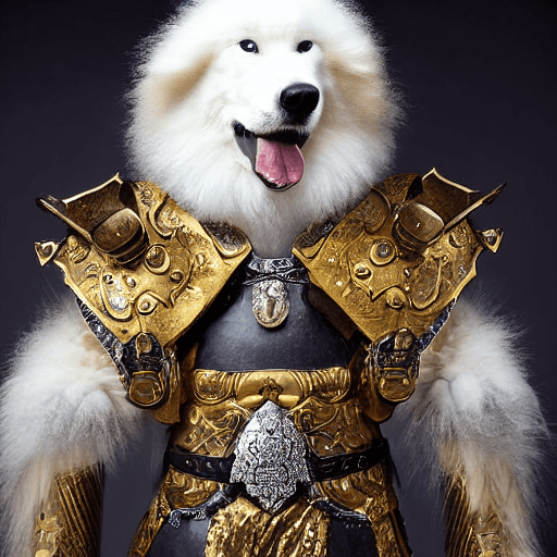 AI generated: anthropomorphic ancient Samoyed warrior (long haired, wind, epic fur, gold and diamond armor). Baryt...