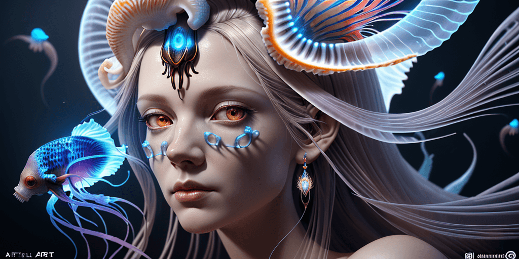 AI generated: Goddess close-up portrait ribcagel. jellyfish phoenix head, nautilus, orchid, skull, betta fish, bio...