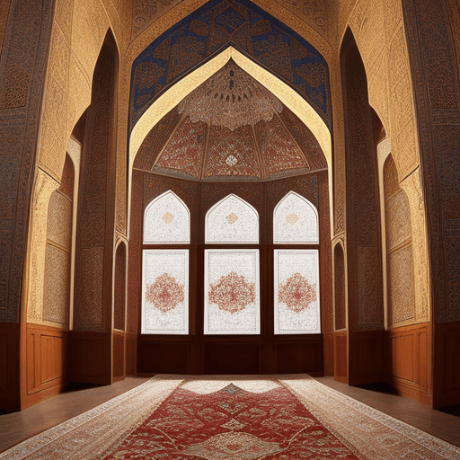 AI generated: An Iranian Carpet, red, mixing Pasargad architecture and Islamic architecture.
