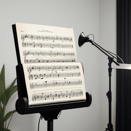 AI generated: Photo of a ultra realistic white sheet music on a black music stand, in an elegant up-scale modern d...