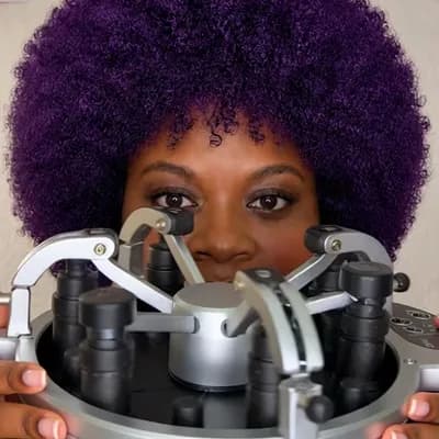 AI generated video: Using a very big automation braiding round machine on my client who have blon hair for blonde knotle...