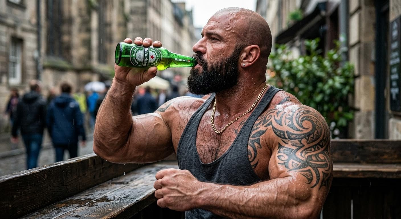 AI generated: "Ultra-realistic photograph of a massive, hyper-muscular bald man in his late 30s drinking a green H...