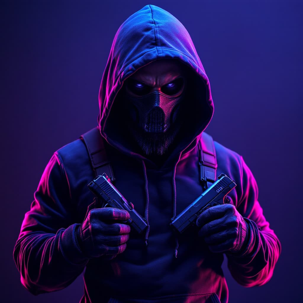 AI generated: dark with RGB neon lights background, Brutal muscle man wearing hoody, with a carbon fiber mask,dual...