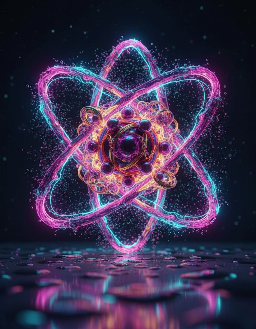 AI generated: An atom consisting of a nucleus of protons and neutrons and a cloud of electrons, futuristic, dramat...