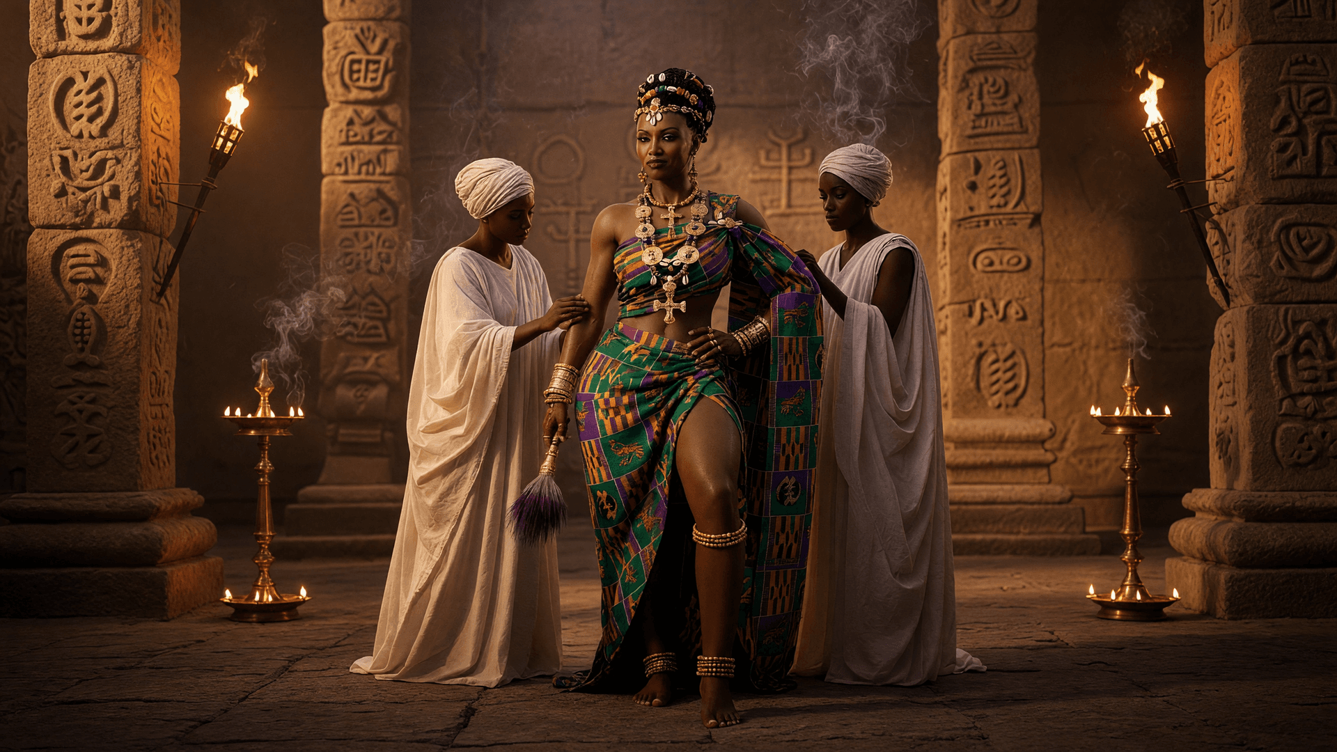 AI generated: A cinematic 16:9 photorealistic scene inside a warm sandstone temple chamber lit by golden oil lamps...