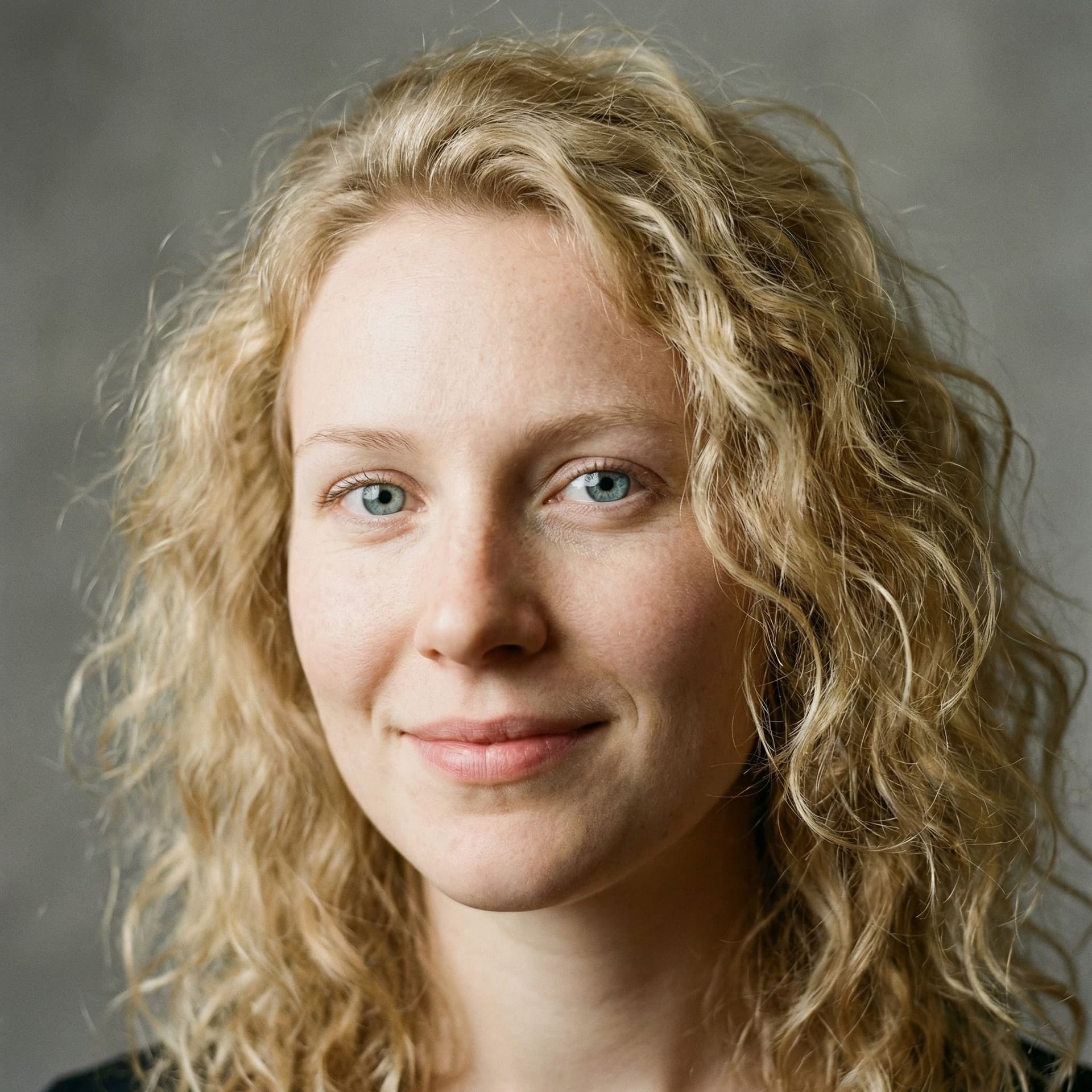 AI generated: portret fotorealist al unei tinere fete nordice frumoasa , păr blond natural, ușor cârlionțat, ochi ...