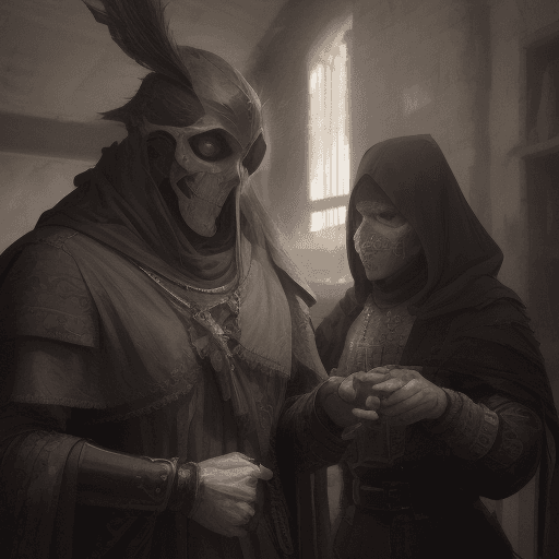 AI generated: The knightly skull masked leader of the Shadow Court, Corvus welcomes an unexpected guest, a rogue d...
