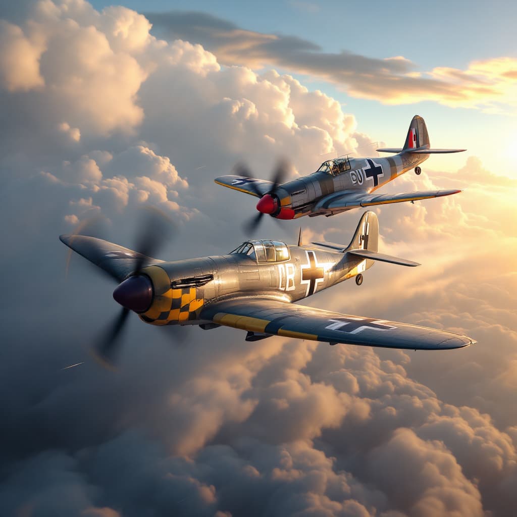 AI generated: two World War II Fighter , Germany and British , have a dogfight in the sky.