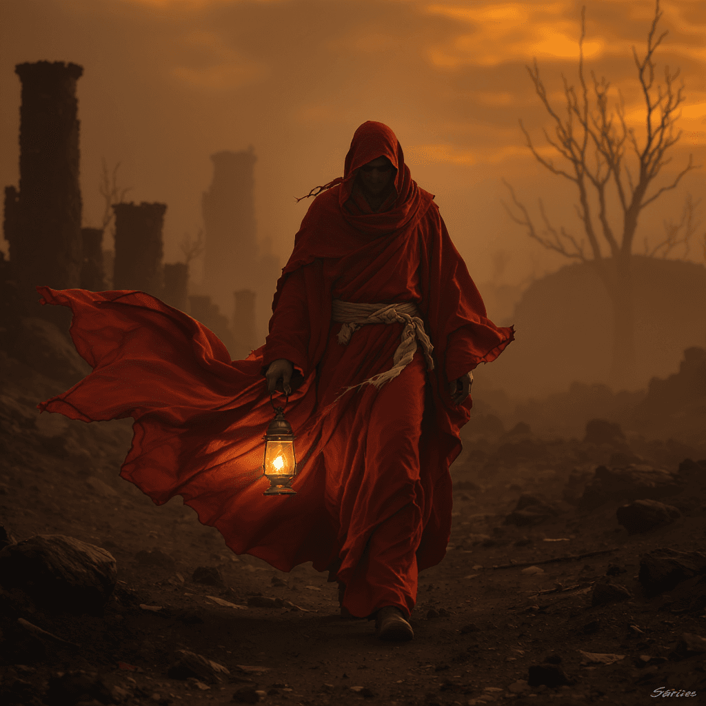 AI generated: /imagine prompt: a hyper-realistic lone traveler wrapped in flowing red silk robes, face partially v...