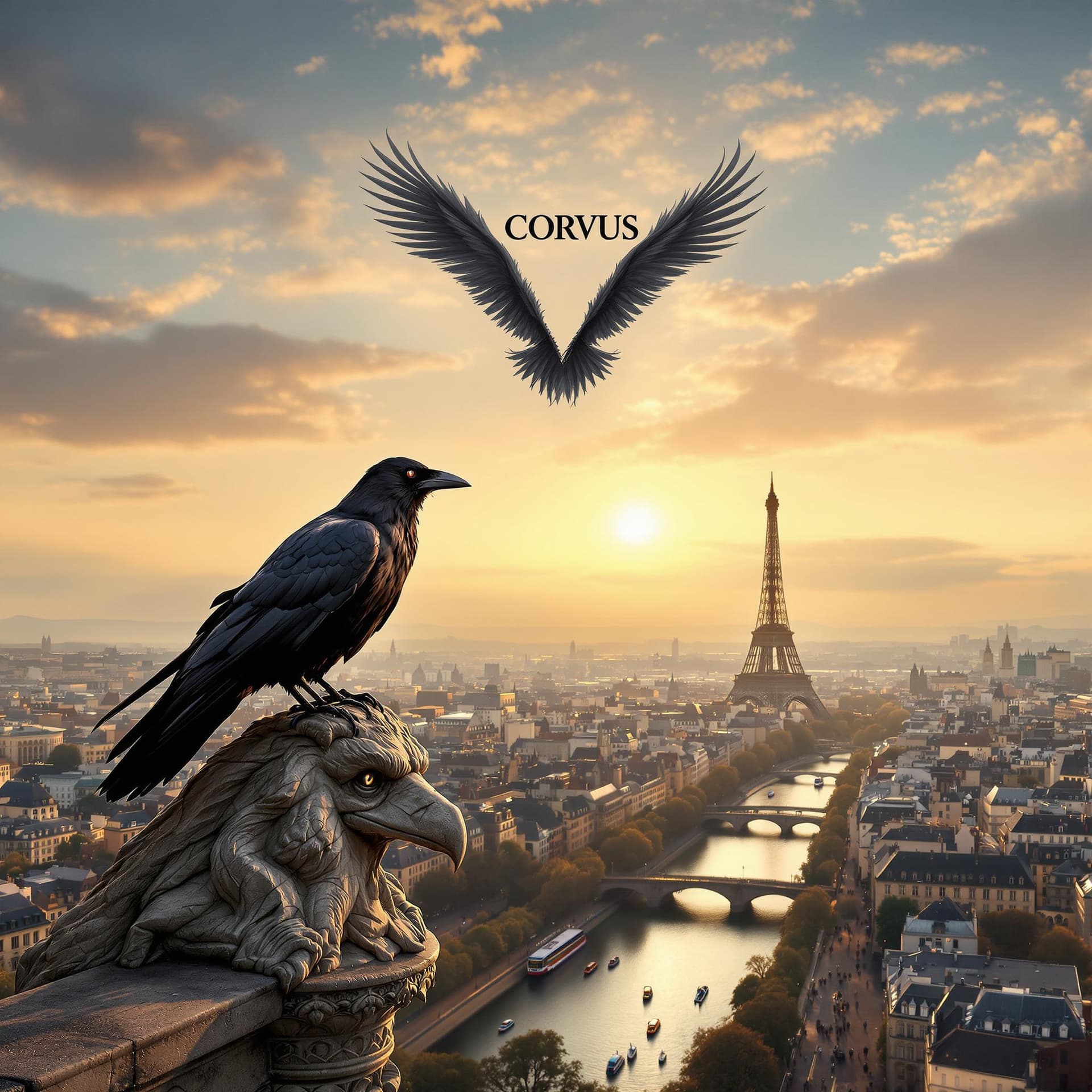 AI generated: Realistic image, square format (1:1). A black crow perched on the head of a weathered stone gargoyle...