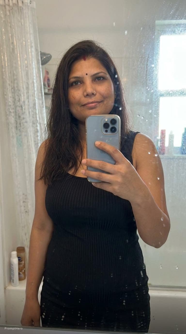 AI generated: Casual mirror selfie in a bathroom, smartphone photo quality... iPhone in hand. Steamy mirror, natur...