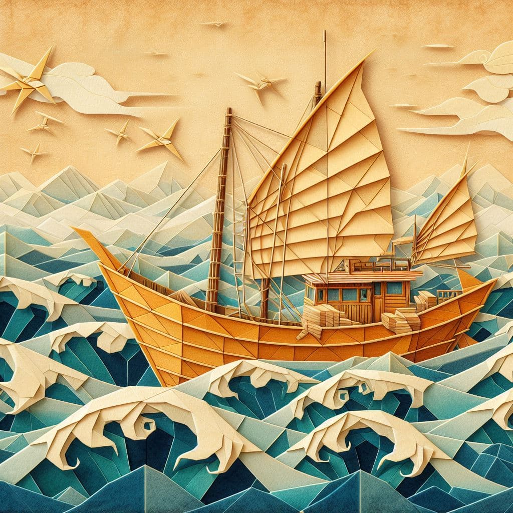 AI generated: japanese fisher boat as Origami, paper quilting, background  coast painted on rice-paper in classic ...