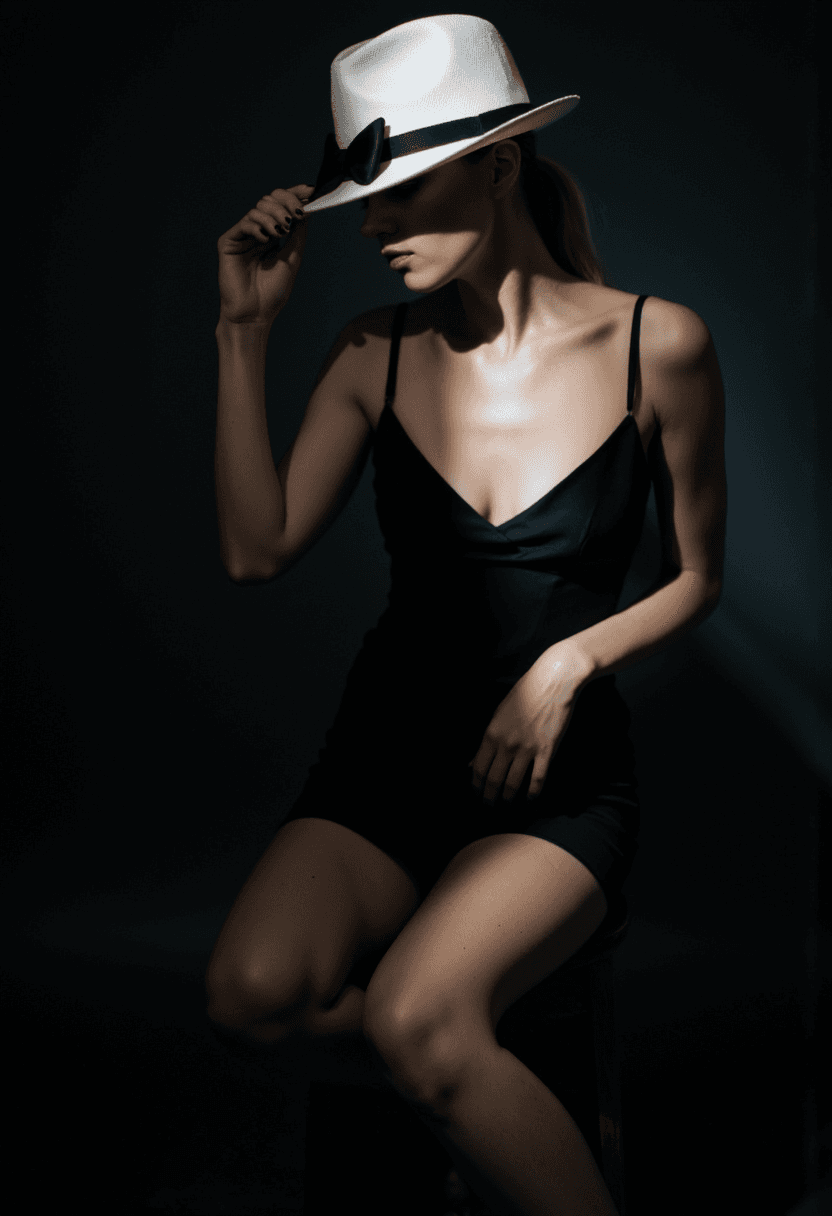 AI generated: A mysterious woman sits alone in a dimly lit space, her enigmatic presence illuminated by the faint ...