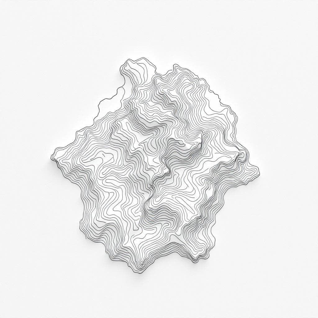 AI generated: A minimalist top-down view of a landscape drawn with contour lines. Black ink on a white background....