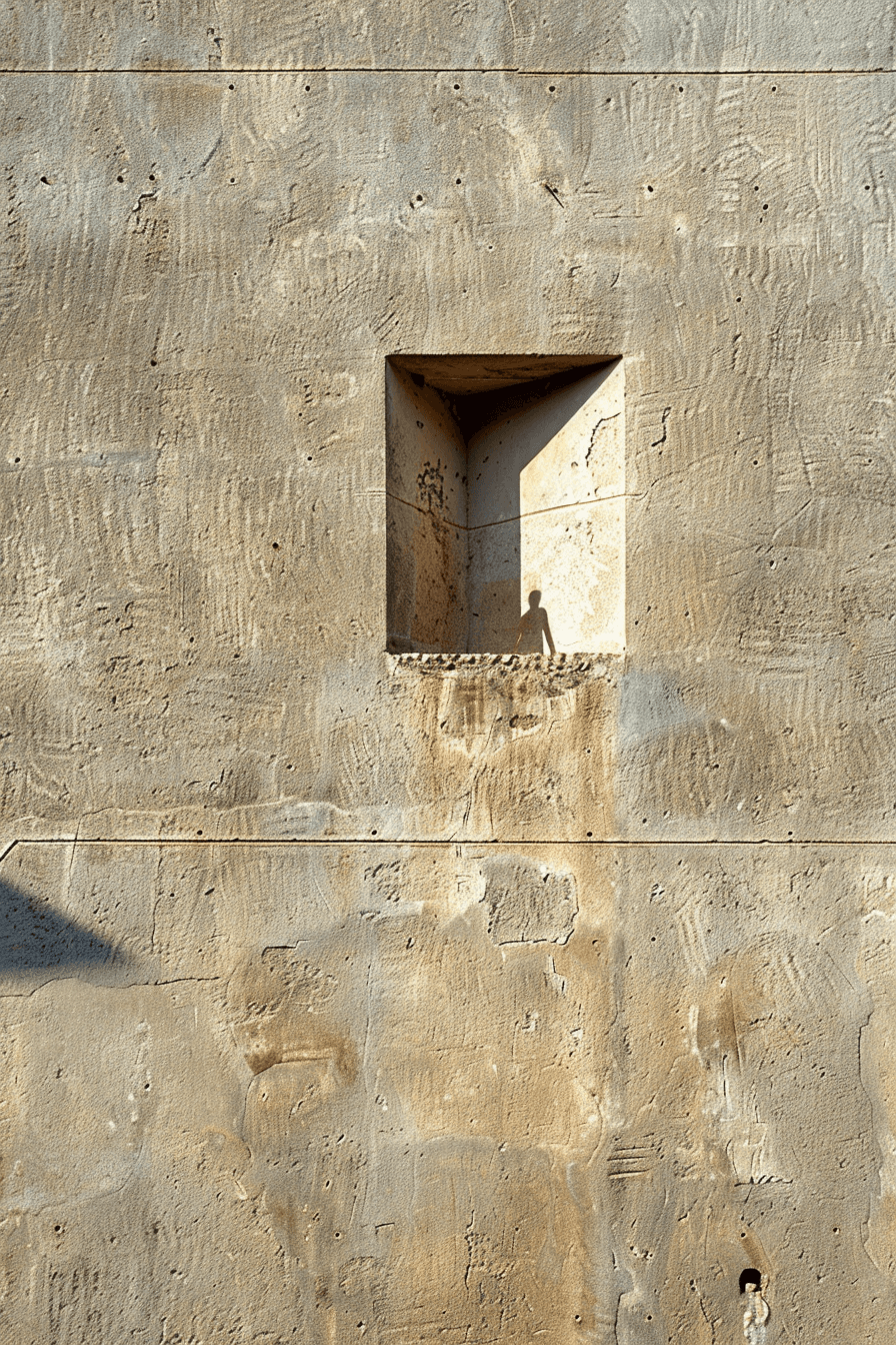 AI generated: A photograph of an ancient Roman wall with one small window. In the window is seen a figure dressed ...