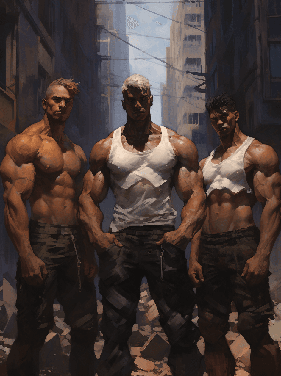 AI generated: Four men standing in front of a city looking like they are working out, in the style of devilcore, i...