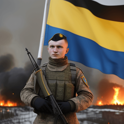 AI generated:  A Ukrainian soldier holds the flag of Ukraine, and against the background of the burning Kremlin