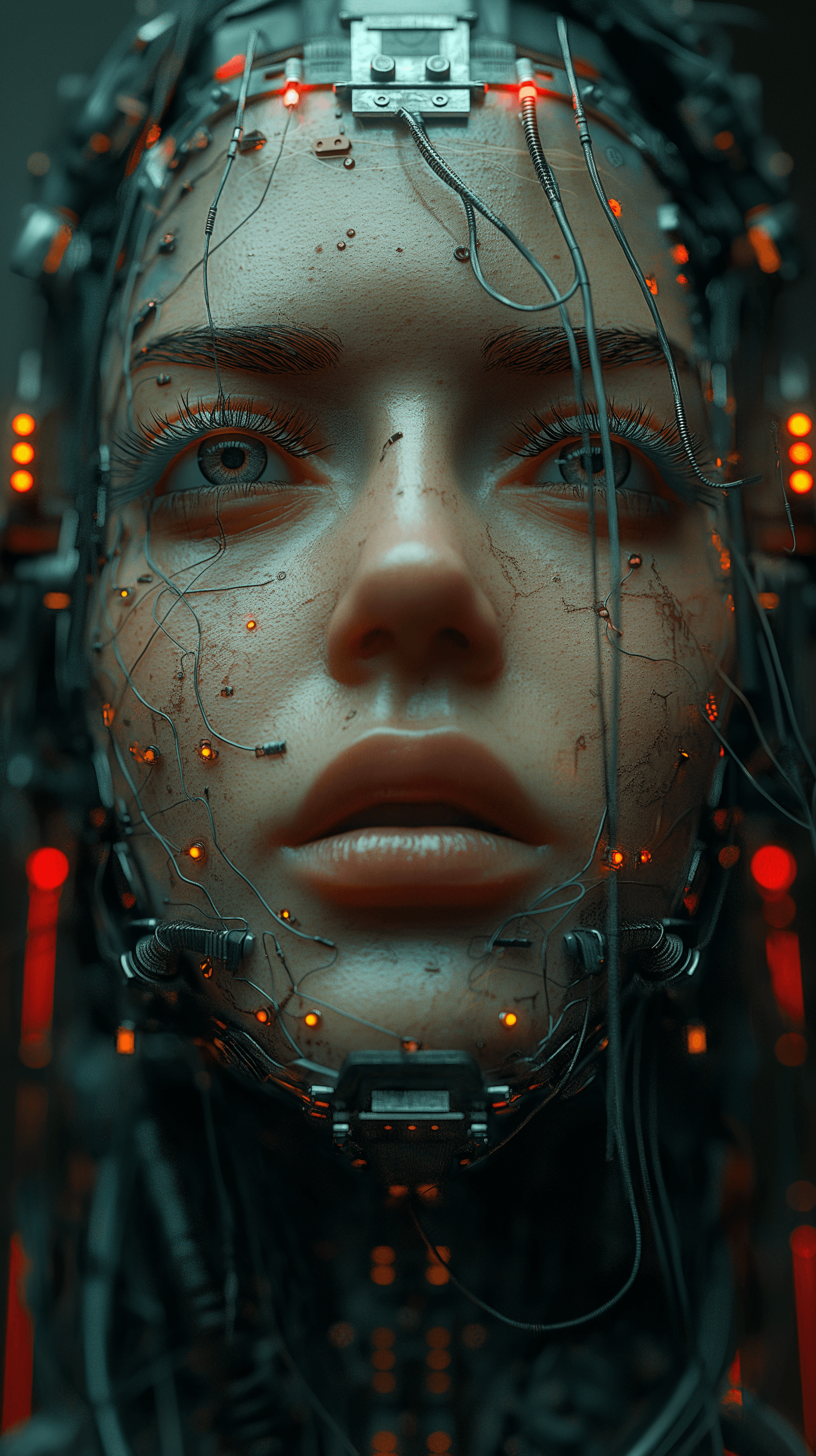 AI generated: 3d rendering, close-up, hyper detail front shot, focus to face, strange face with complex system equ...