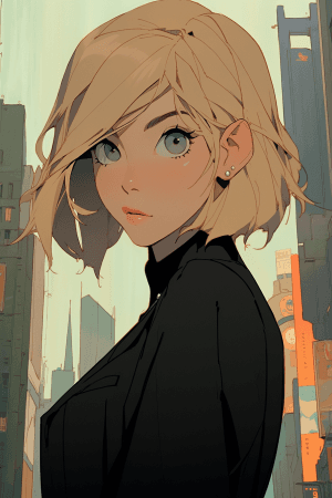 AI generated: an elegant woman detective with a sleek blonde cut and piercing green eyes, wearing a charcoal gray ...