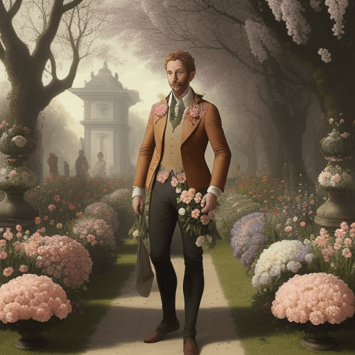 AI generated:  handsome man standing in a garden bursting with flowers, Paulina Góra, Rachel Ruysch