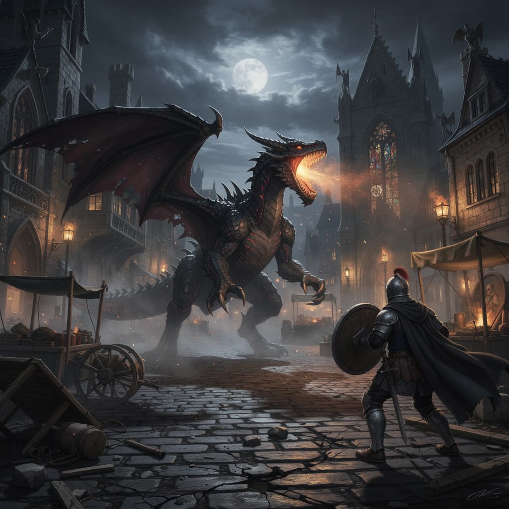 AI generated: Gothic Dragon with wings stands in the town Center roarinf while an armed sentry approaches it.