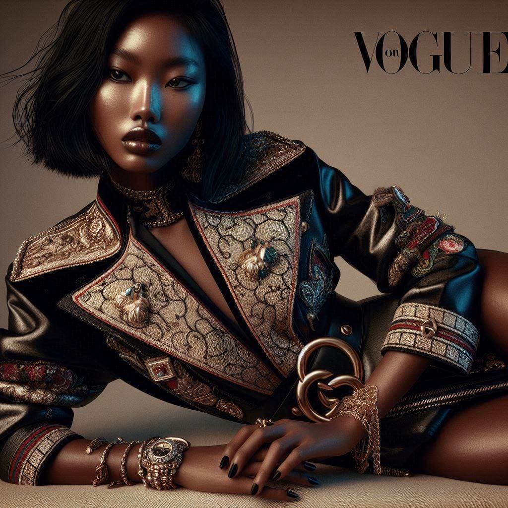 AI generated: A high-resolution, 4K Vogue ad featuring a beautiful Asian dark skin model in a modern stunning outf...