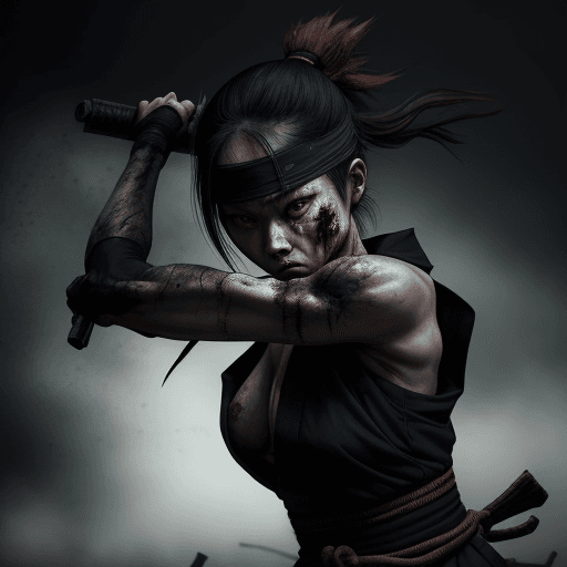 AI generated: the female Ninja, Performing some kind of action, horror ,The setting is in the decayed Edo period o...