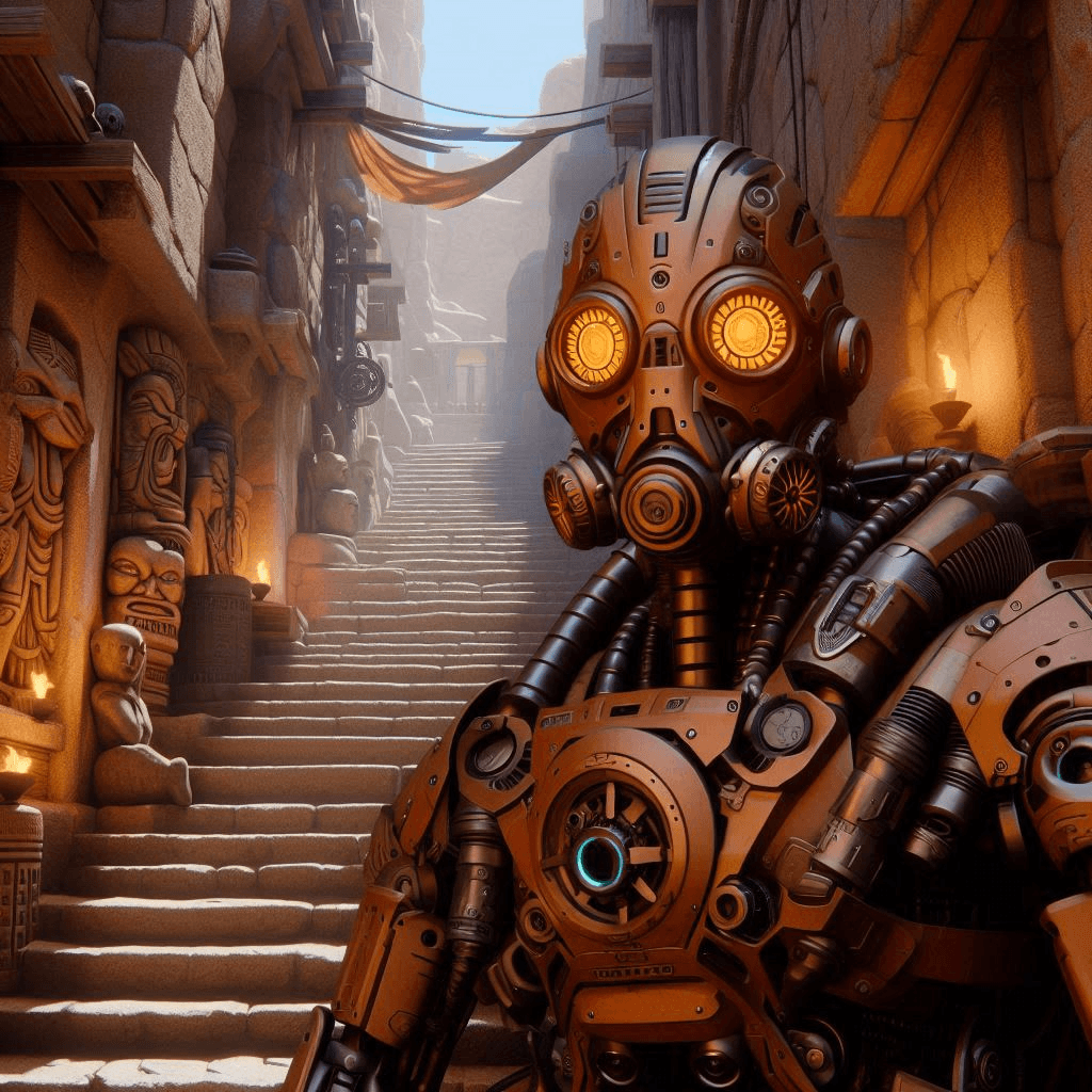 AI generated: A brown mecha cyberpunk robot with orange eyes and a Polynesian scuba mask on a staircase in an alle...