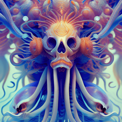 AI generated: Goddess close-up portrait ribcagel. jellyfish phoenix head, nautilus, orchid, skull, betta fish, bio...