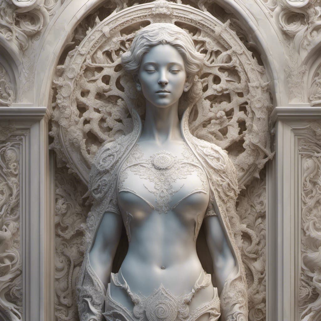 AI generated: beautifully carved marble statue, ornate, fractal patterns, ethereal, cinematic, Sfdemir, highly det...