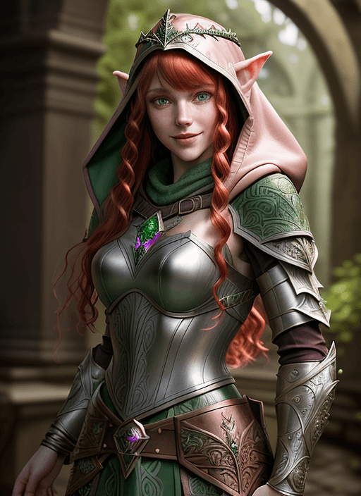 AI generated: ultra realistic ranger elf, hooded pink leather armor!!! long curly red hair!! bangs, green eyes! fa...