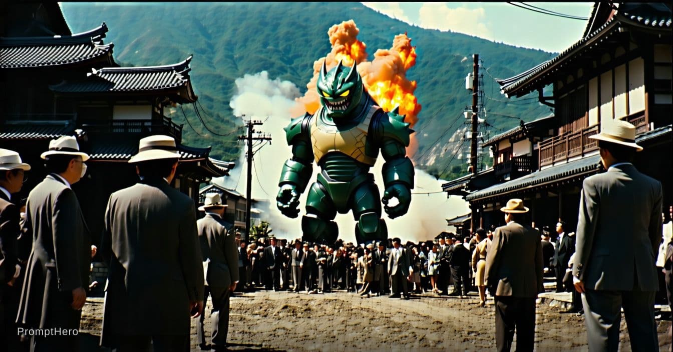 AI generated: 35mm color film still from a 1960 Japanese tokusatsu science fiction television series, a giant frie...