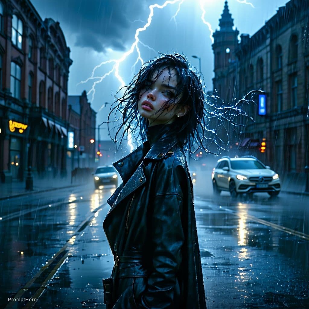 AI generated: stunningly provocative convoluted glamour  babe from heavy lightning, very windy, and heavy rain Dor...