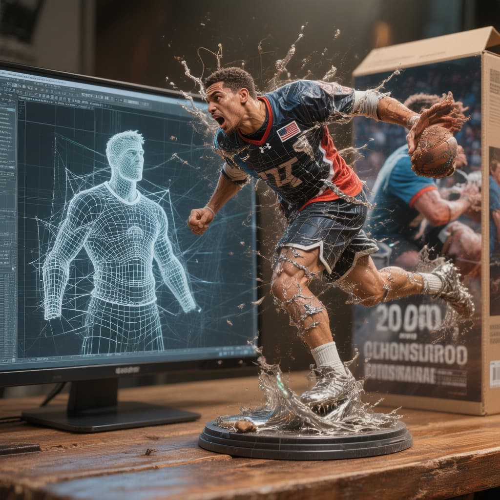 AI generated: Professional athlete 1:6 scale figure in sports gear, dynamic mid-action pose, displayed on wooden s...