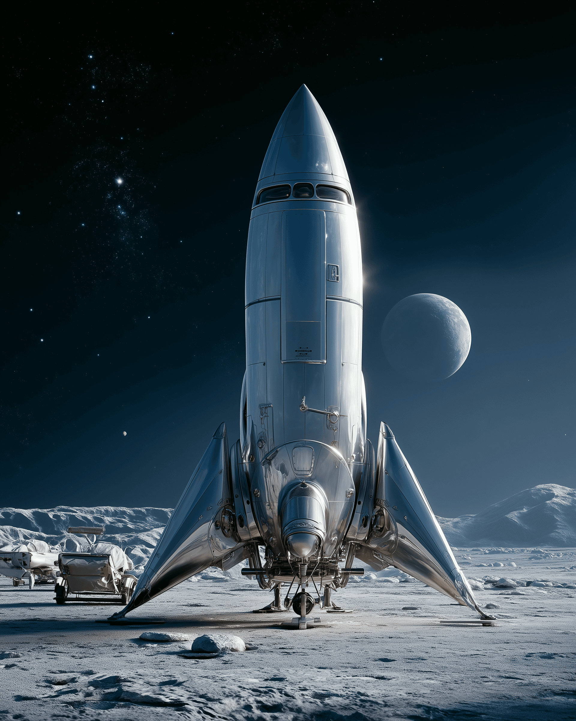 AI generated: A sleek silver rocket ship with large wings and a vertical engine, standing on the surface of the mo...