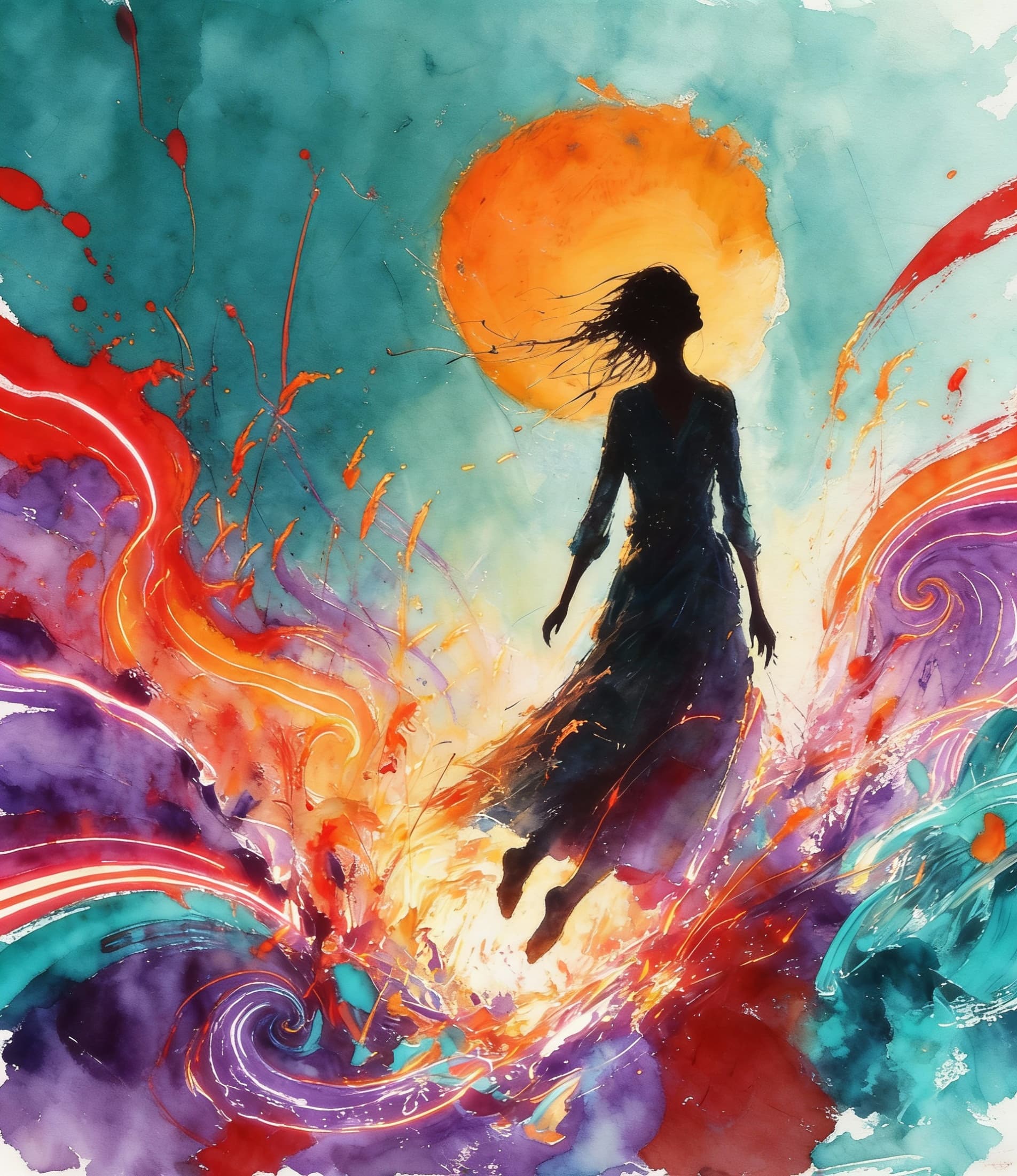 AI generated: artistic, water painting style, art piece showing a lone figure falling into an explosion of vibrant...