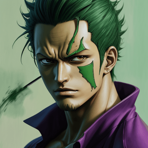 AI generated: one piece wallpaper, roronoa zoro, in the style of dark green and dark purple, photo-realistic drawi...