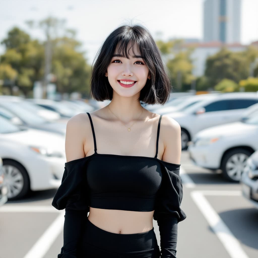 AI generated: a Japanese women,a girl  thick eyebrows, , short black hair with very long bangs, wearing a black of...