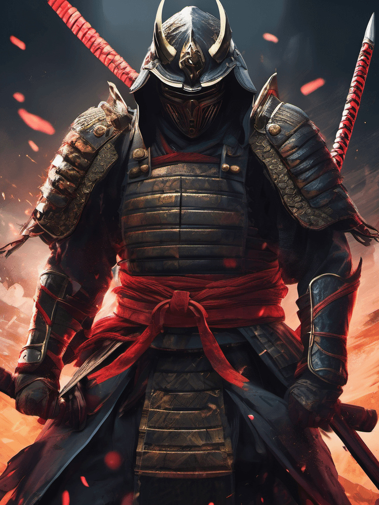 AI generated: broken but unstoppable masked samurai in full battle gear, digital illustration, brutal epic composi...